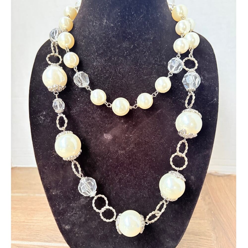 Faux Large Pearl Crystal Beaded Long Necklace Silver Y2K Statement Opera Layer